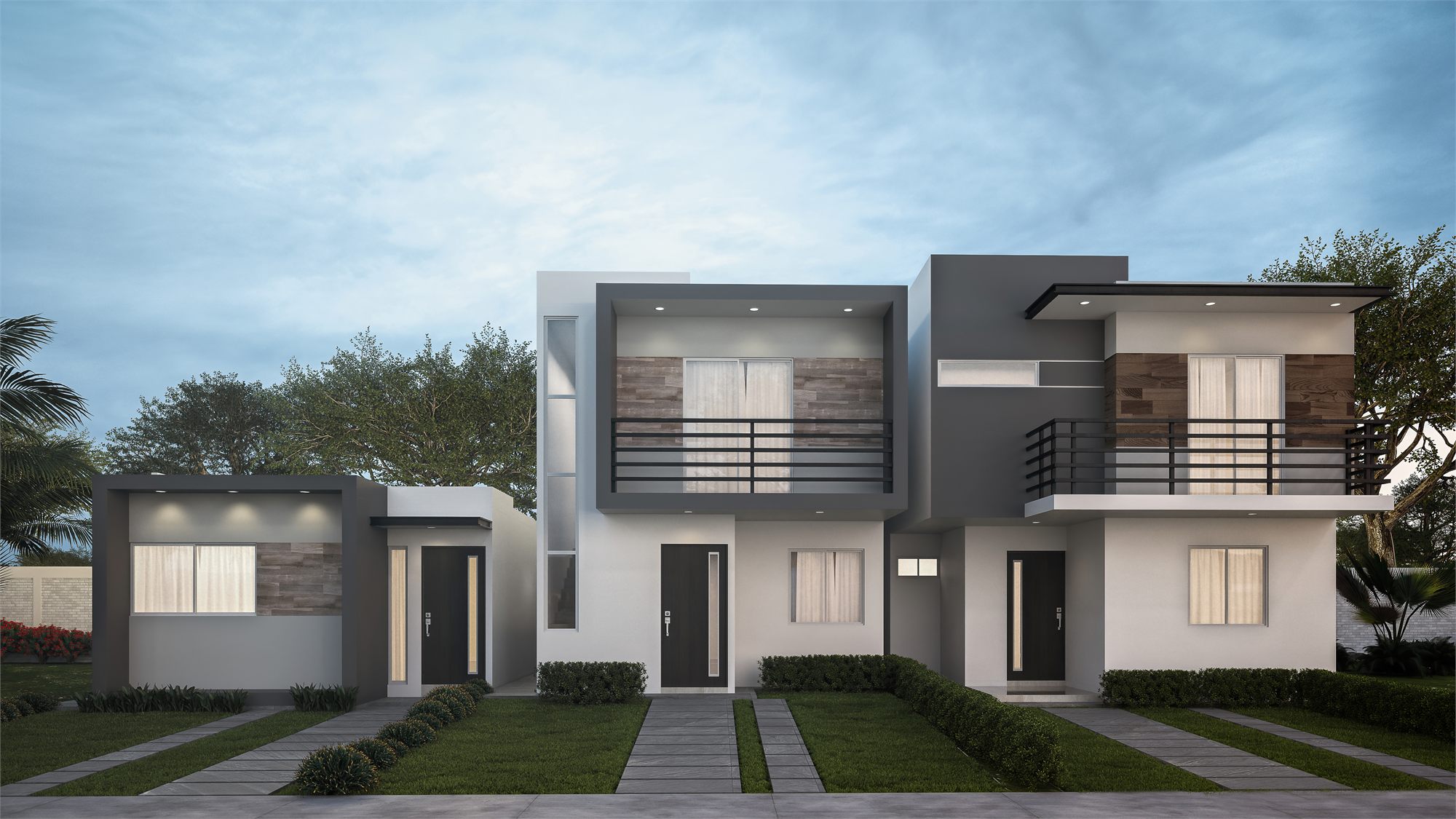 Fachadas de casas construidas con el sistema de moldes Vidafel